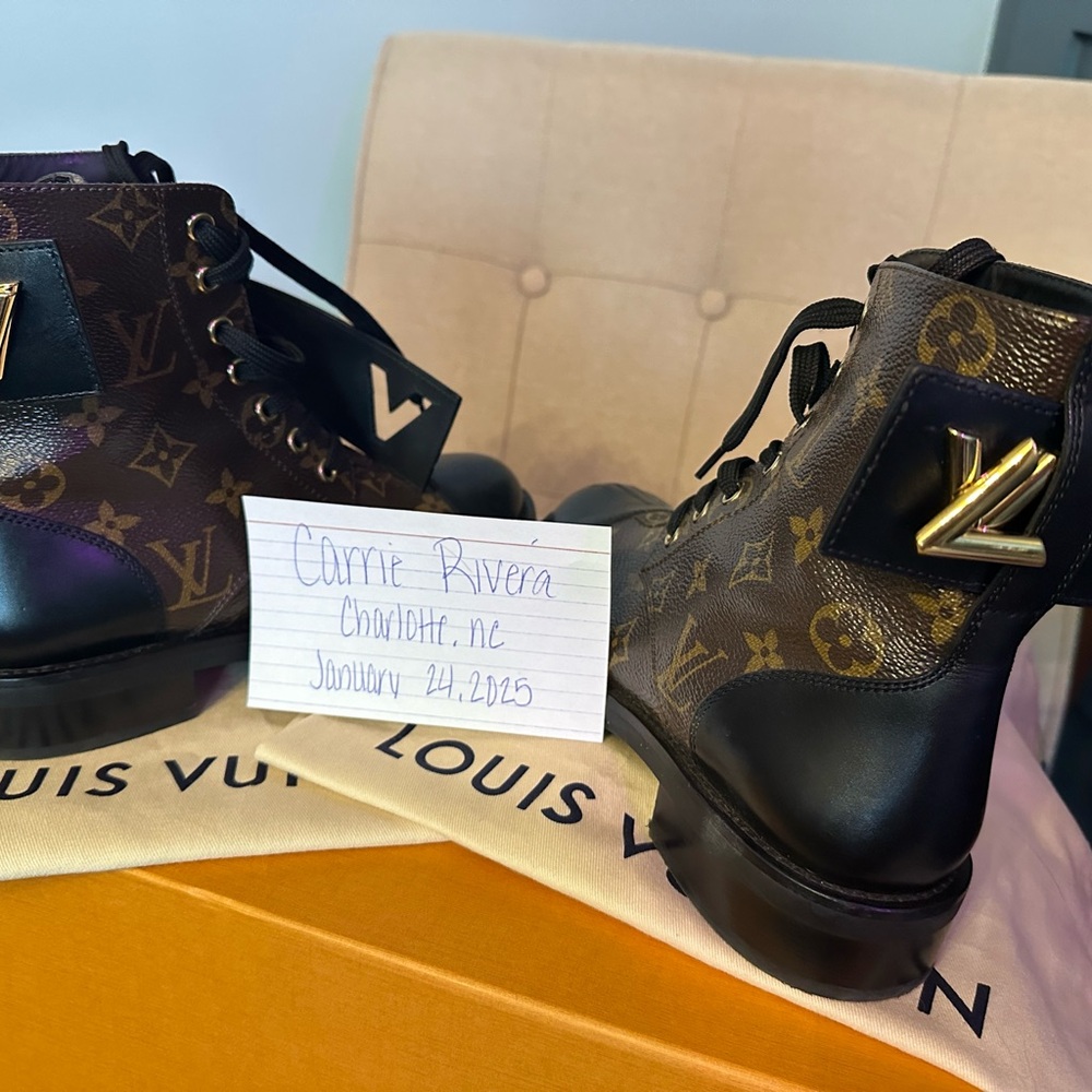 Louis Vuitton Brown Monogram Combat Boots with Black Leather Trim